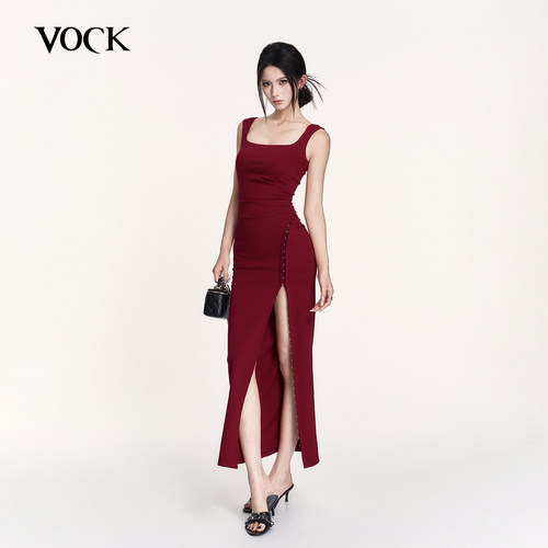 VOCK 酒沁玫瑰 高级感气质圣诞红色收腰显瘦方领连衣裙长裙子领证
