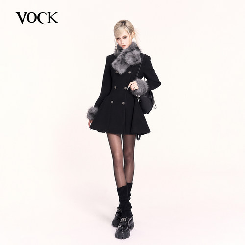 VOCK 雪国千金 高级感新年可拆卸毛领收腰毛呢大衣名媛呢子连衣裙
