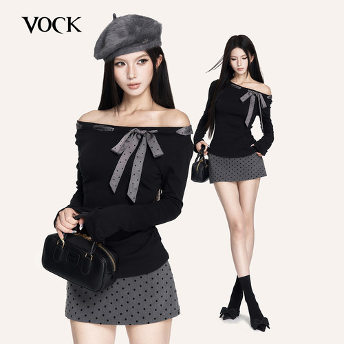VOCK Miu系艺术生 法式复古千金黑灰波点系带修身长袖T恤打底上衣