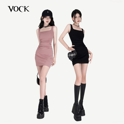VOCK 一秒显瘦 纯欲辣妹方领弹力显瘦包臀黑色连衣裙吊带连衣裙女