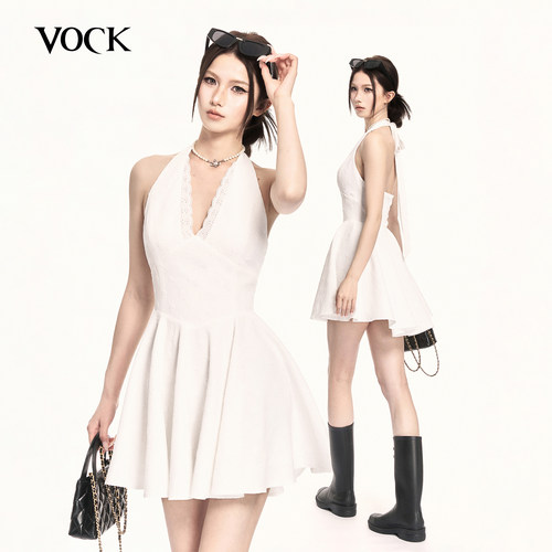 VOCK 玫瑰叙事 浪漫提花收腰a字短裙性感露背无袖V领挂脖吊带裙子