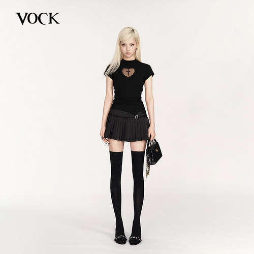 VOCK 少女的祈祷 暗黑辣妹十字架镂空收腰显瘦修身短款t恤上衣夏