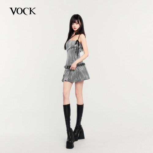 VOCK 暗藏心机 设计感小众辣妹不规则系带蕾丝百褶抹胸裙连衣裙夏