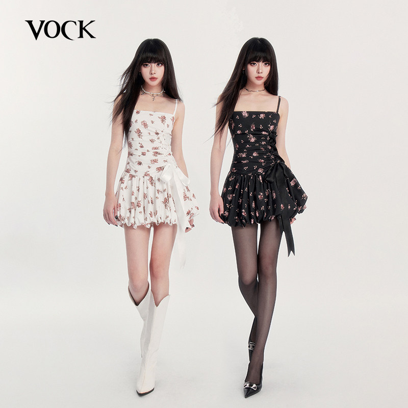 VOCK 仲夏梦 法式浪漫度假蝴蝶结收腰显瘦情人节花苞裙碎花连衣