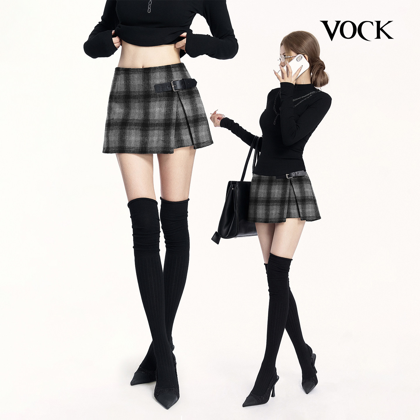 VOCK 伦敦雾霭 秋冬复古辣妹格纹毛呢子裤裙显瘦中低腰a字半身裙