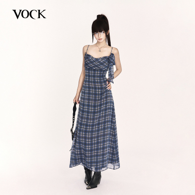 VOCK 蓝调时刻 法式度假风超显白格纹荡领温柔气质吊带连衣裙长裙