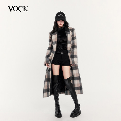 VOCK 秋暮事纪 秋冬复古学院格纹长款宽松外套百搭廓形毛呢子大衣
