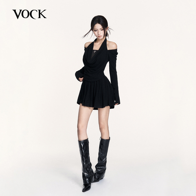VOCK 沉沦遐想 暗黑色秋冬挂脖荡领气质显瘦弹力内搭针织连衣裙子