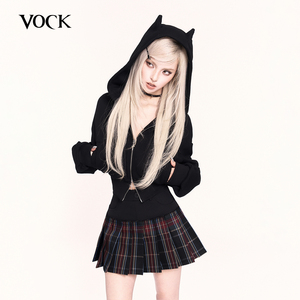 VOCK 小恶魔 休闲辣妹趣味连帽拉链加绒套头卫衣外套显瘦短款上衣