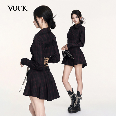 VOCK 辣妹出逃 暗黑设计感格纹露背绑带收腰显瘦长袖衬衫连衣裙子