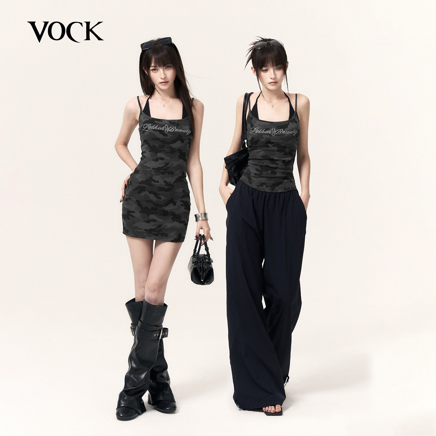 VOCK 迷彩辣妹 美式复古烫钻吊带连衣裙假两件修身显瘦包臀短裙子图片