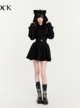 VOCK 恶魔小猫 暗黑甜酷少女显瘦收腰长袖卫衣秋冬加绒连衣裙辣妹