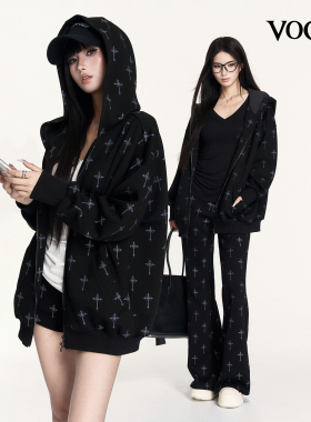 VOCK 街头随拍 美式休闲辣妹百搭运动连帽卫衣外套装显瘦短裤长裤