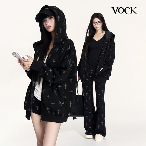 VOCK 街头随拍 美式休闲辣妹百搭运动连帽卫衣外套装显瘦短裤长裤