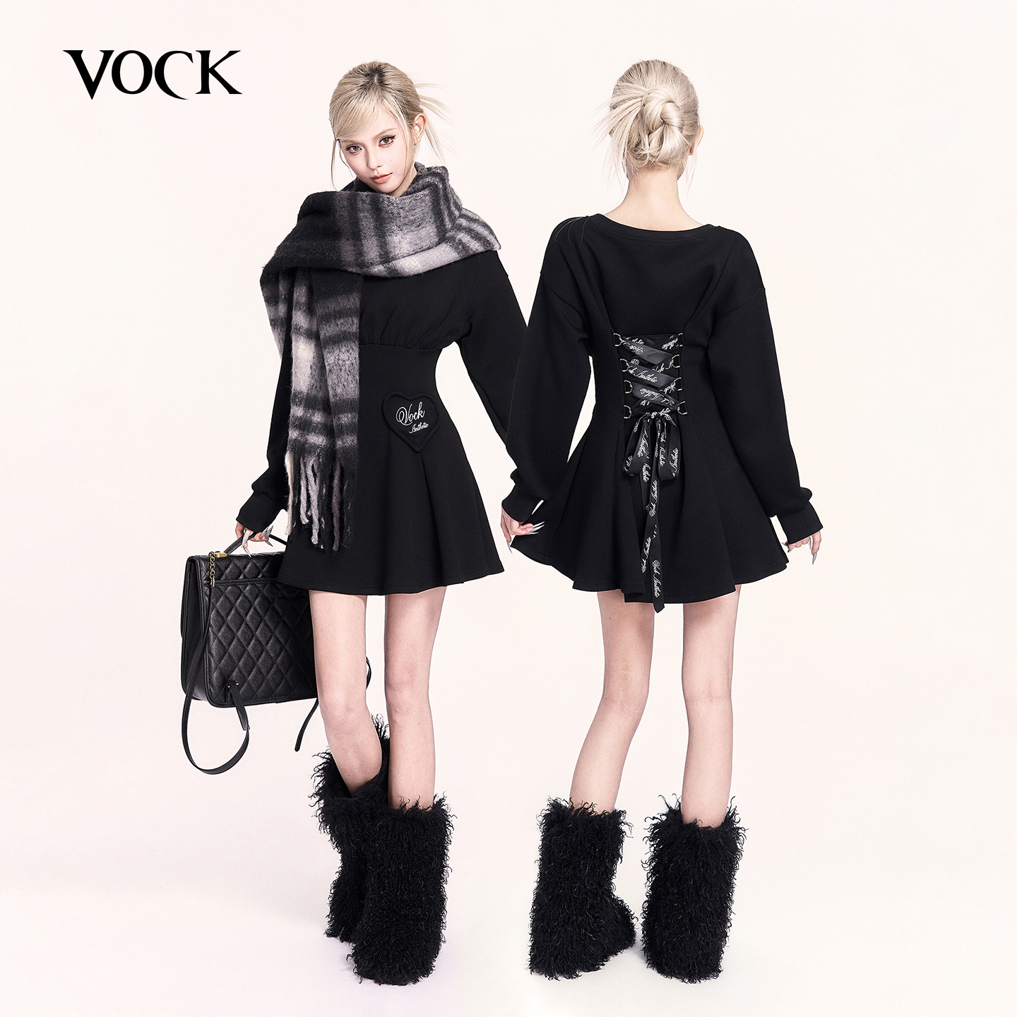 VOCK 圣诞夜 黑色甜酷少女爱心口袋卫衣裙可调节收腰显瘦连衣裙子