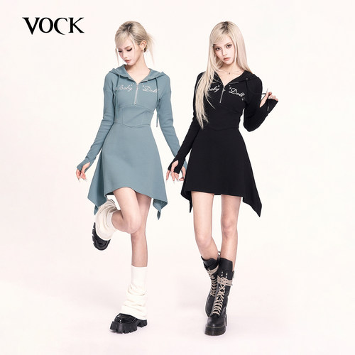VOCK 甜酷公式 秋冬日系学院少女不规则连帽卫衣裙修身显瘦连衣裙