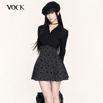 VOCK 玫瑰岛屿 暗黑日系学院少女条纹超高腰鱼骨显瘦百褶半身裙子
