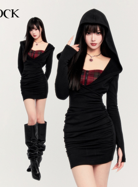 VOCK 叛逆魔女 秋冬辣妹连帽格纹新年收腰显瘦褶皱包臀打底连衣裙