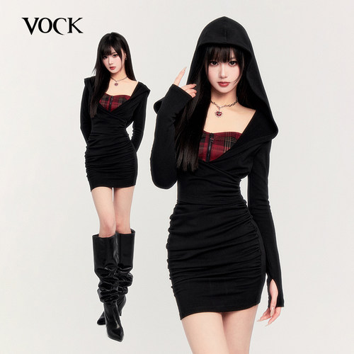 VOCK 叛逆魔女 秋冬辣妹连帽格纹新年收腰显瘦褶皱包臀打底连衣裙