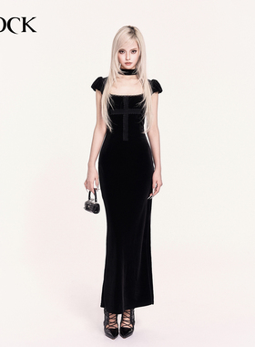 VOCK 暗里着迷 暗黑色气质丝绒长裙子拼接蕾丝收腰显瘦包臀鱼尾裙