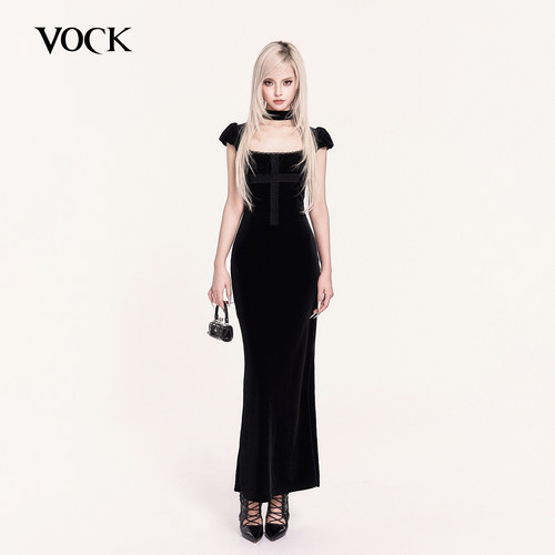 VOCK 暗里着迷 暗黑色气质丝绒长裙子拼接蕾丝收腰显瘦包臀鱼尾裙