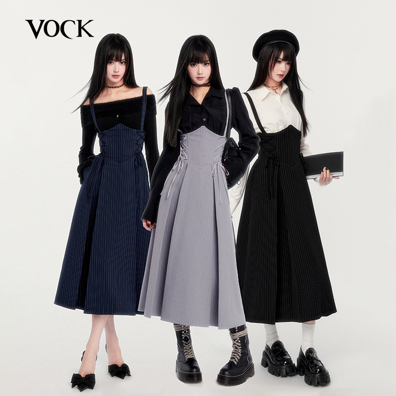 VOCK 托胸连衣裙鹦鹉梨同款对的半裙收腰校供感学院风jk制服日系