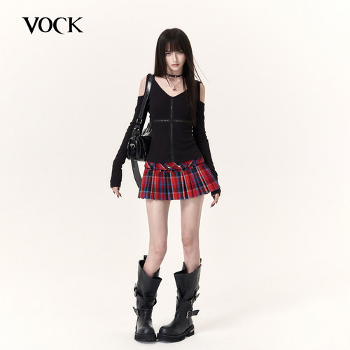 VOCK 辣妹出逃 朋克学院JK百褶半裙红色格纹显腿长毛呢低腰短裙子