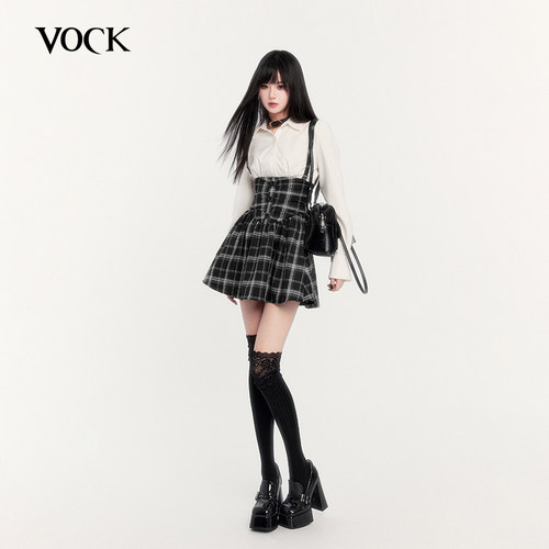 VOCK 涩谷车站见 暗黑日系学院jk校供感少女超高腰鱼骨格子背带裙