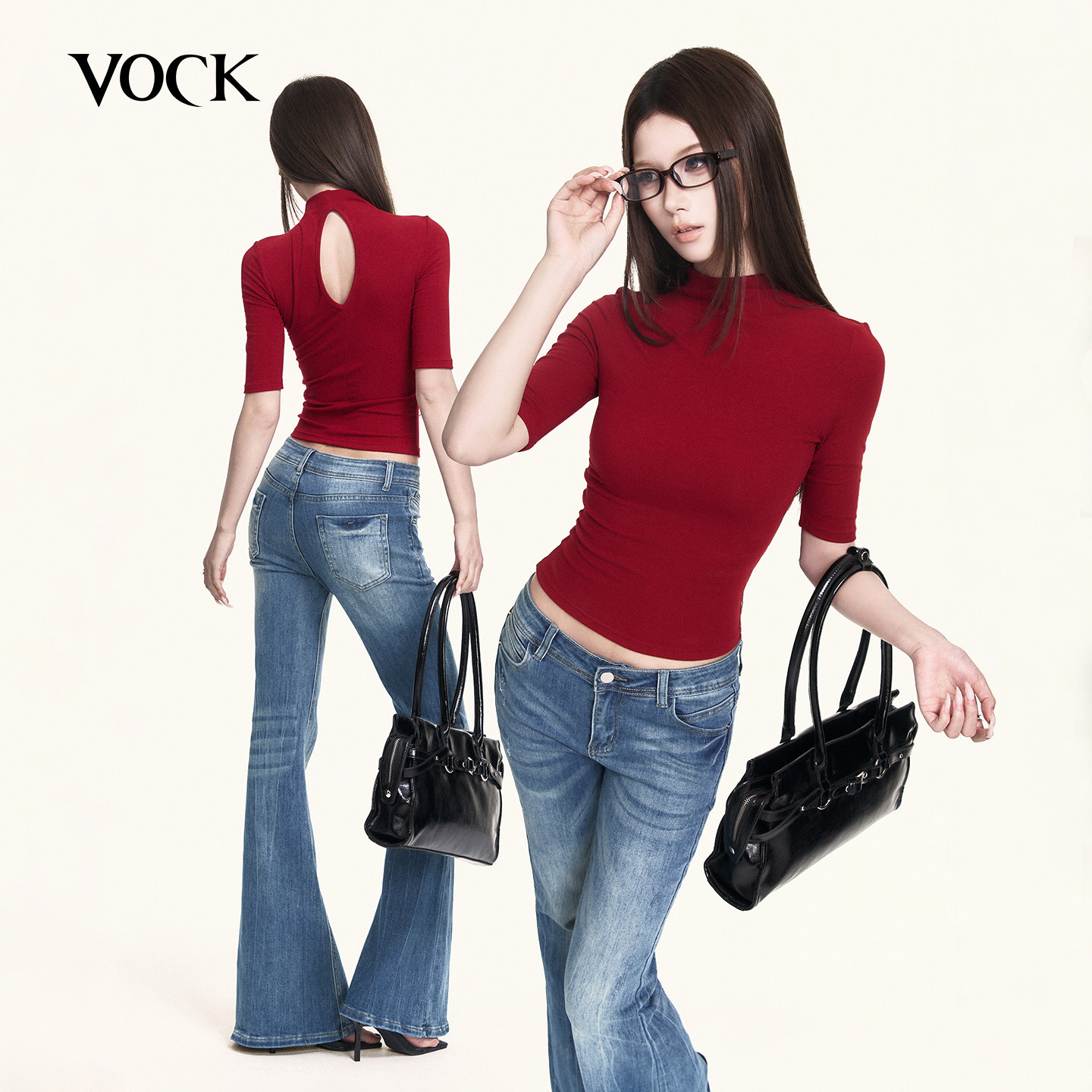 VOCK 纸片人 辣妹红色高领五分袖T恤修身显瘦正肩中袖打底上衣夏