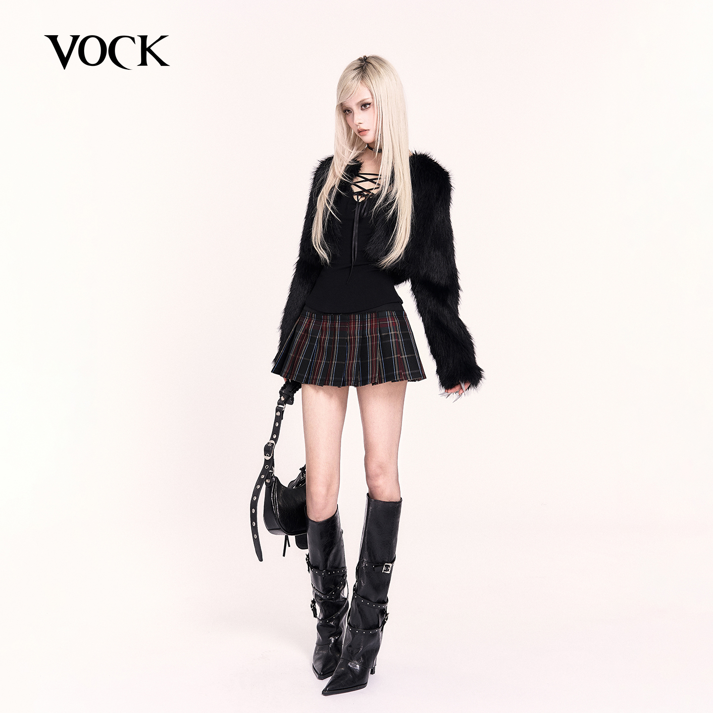 VOCK 时髦入冬 冬季黑色经典款气质高级感保暖环保皮草毛毛短外套