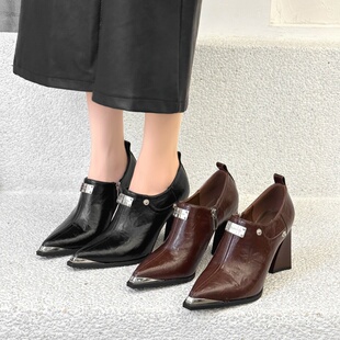 2024新款秋冬季尖头深口单鞋女粗跟中跟软皮女鞋秋款软皮高跟皮鞋