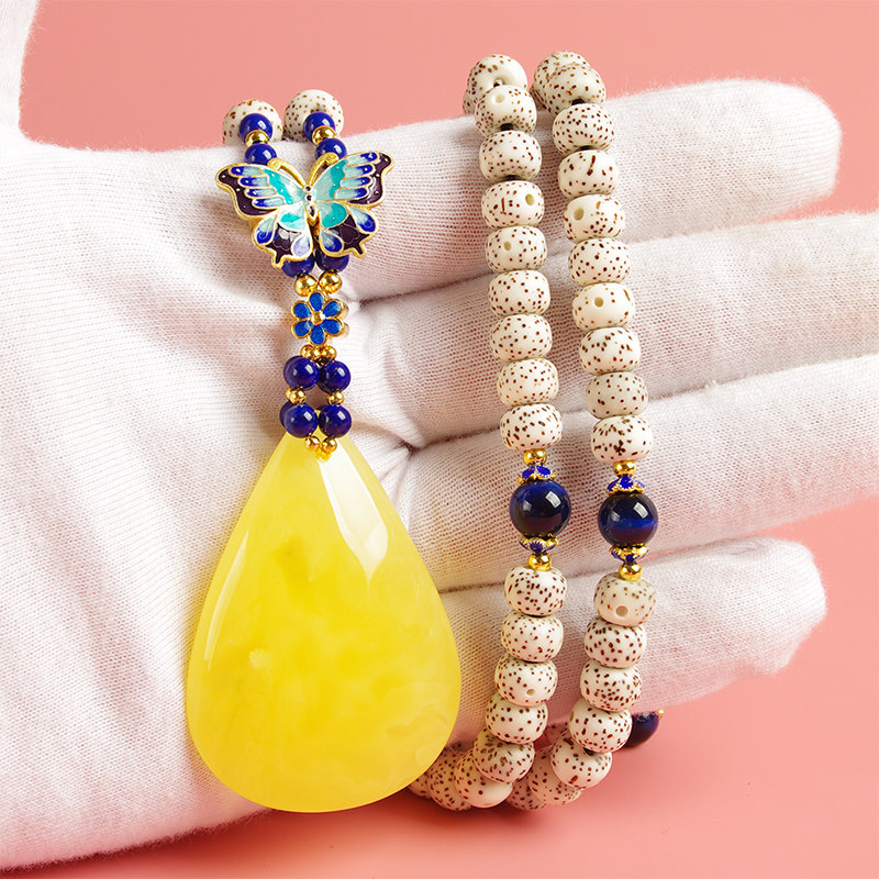 星月菩提子项链女冬季搭配毛衣链长款蜜蜡吊坠 小众设计项链 网红