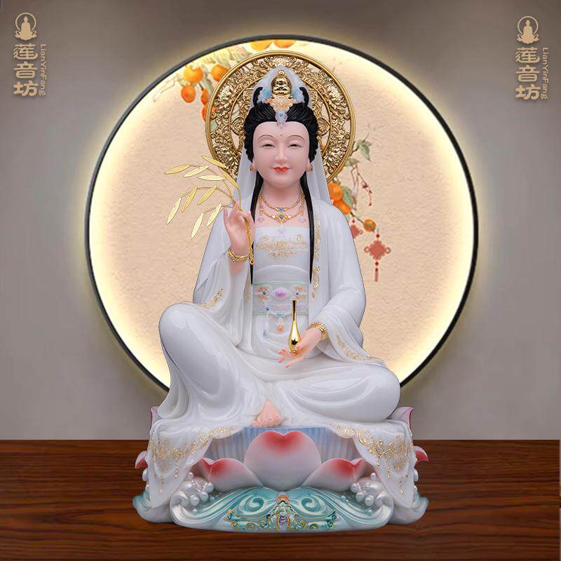 自在观音妙善汉白玉石白衣观音送子娘娘家用桌面供奉摆件