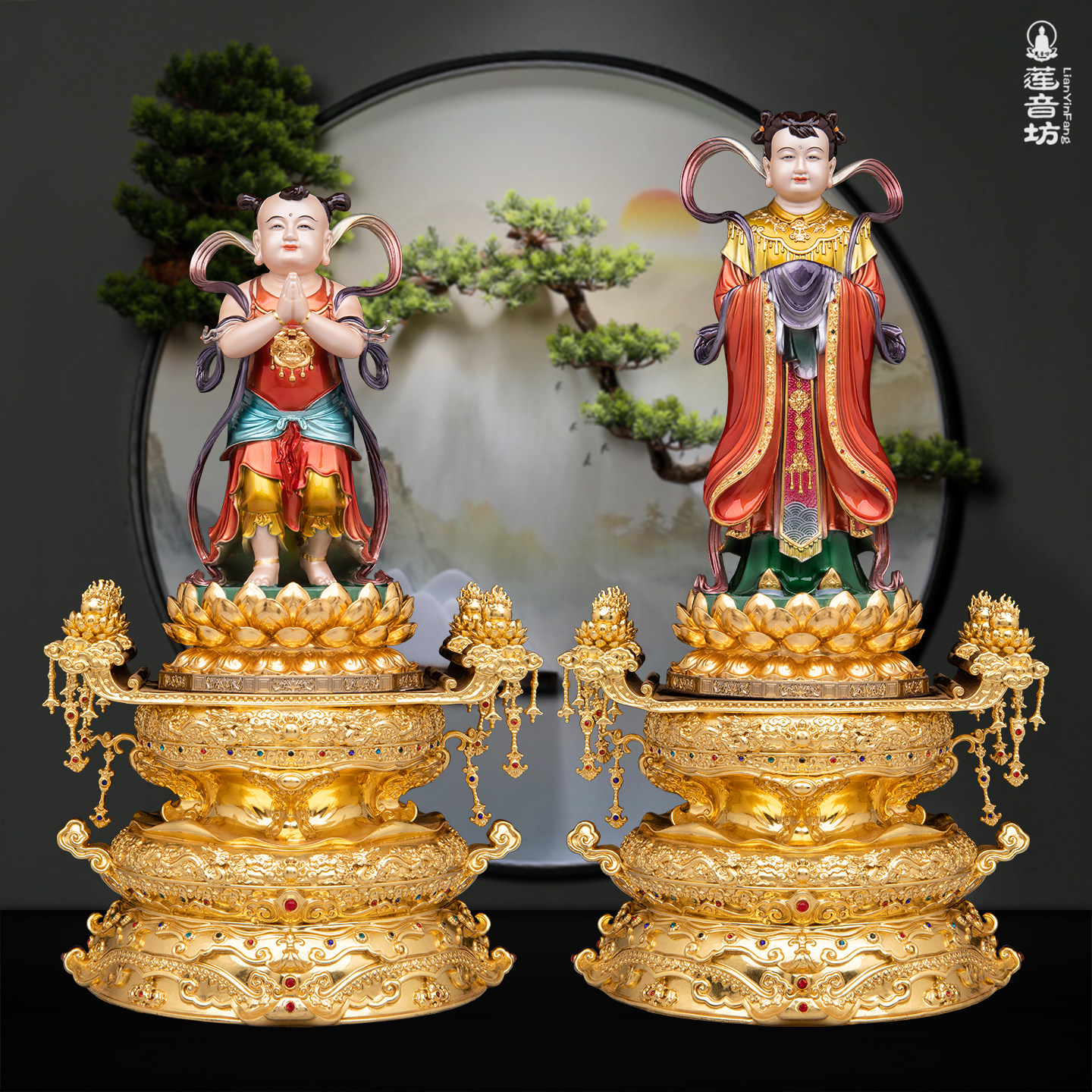 金童玉女铜像珐琅彩贴金善财龙女左右童子观音家用佛堂供奉摆件