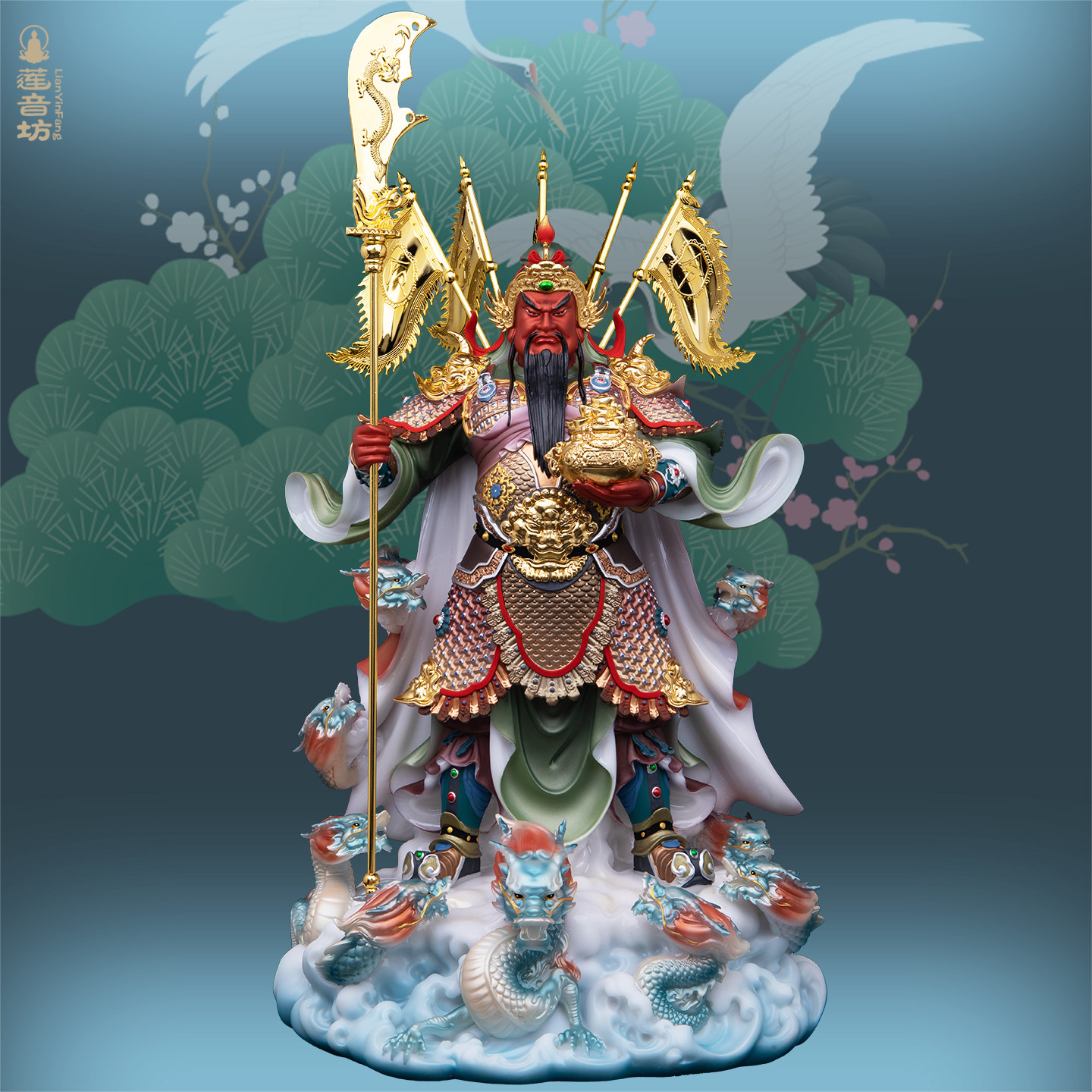 汉白玉彩绘九龙关关二哥神像摆件