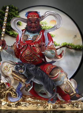 骑虎武财神赵公明元帅铜锦绘供奉桌面玄关客厅摆件玄坛爷带骑