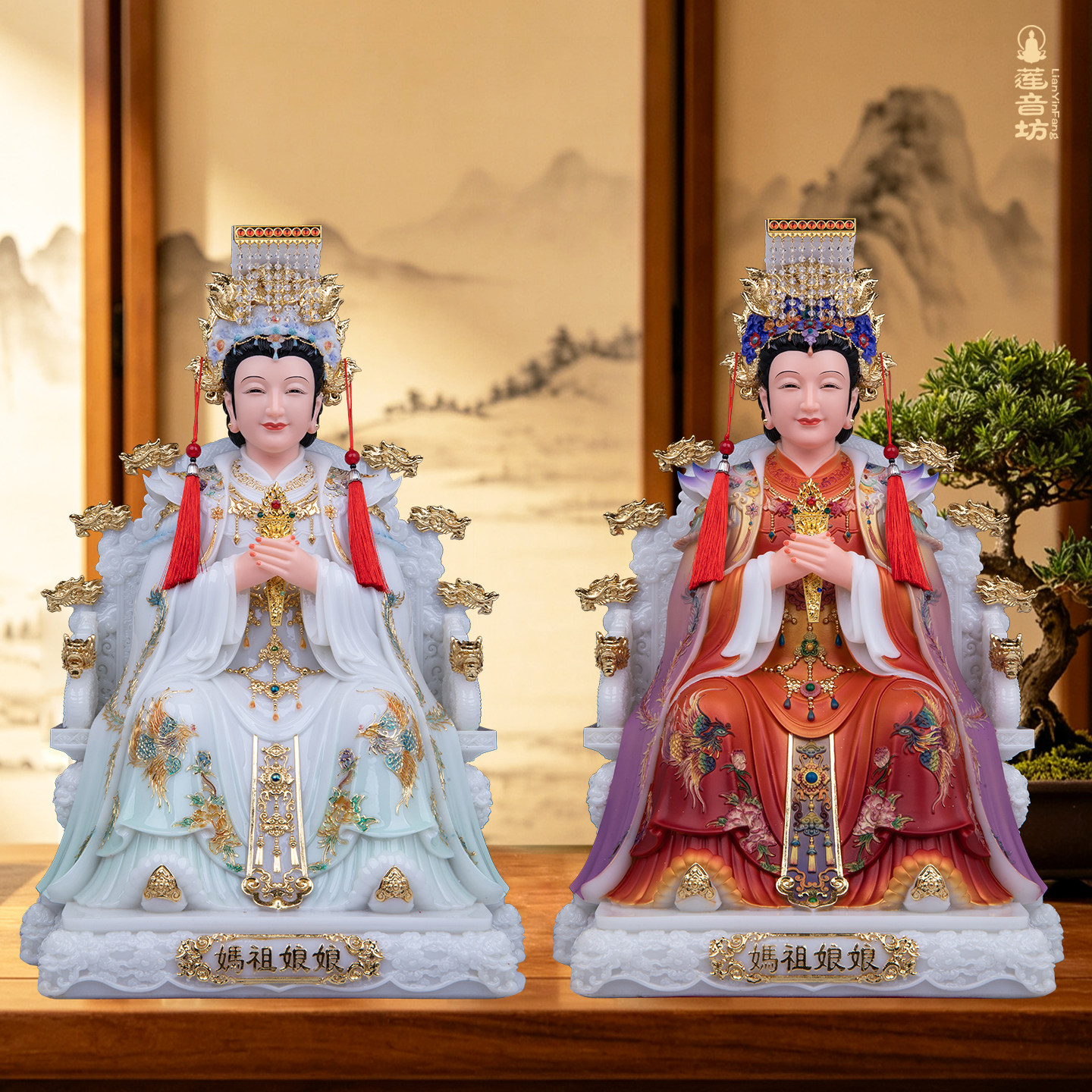 汉白玉妈祖娘娘神像桌面供奉