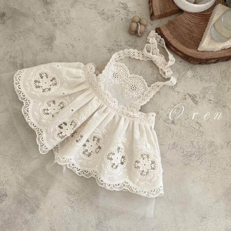 韩国进口女婴宝宝纯色蕾丝花边连衣裙25春婴童公主裙吊带裙罩衫