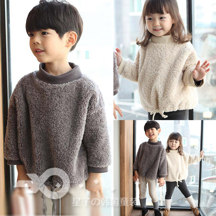 现货韩国儿童衣服进口童装冬男女宝宝兄妹百搭套头抓绒衫毛毛卫衣