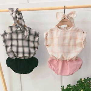 现货韩国进口童装夏婴幼儿童格子拼接短袖三角连体哈衣爬服