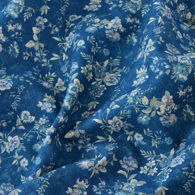 棉麻加厚手工深蓝色印花布中国风