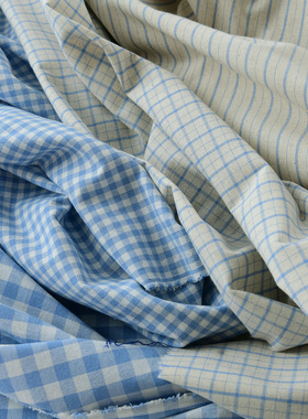 145cm复古蓝色仿麻格子条纹布料色织先染手工DIY包袋桌布裙子发圈