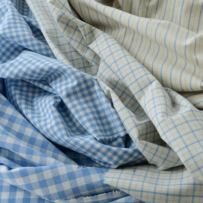 复古蓝色仿麻格子条纹布料