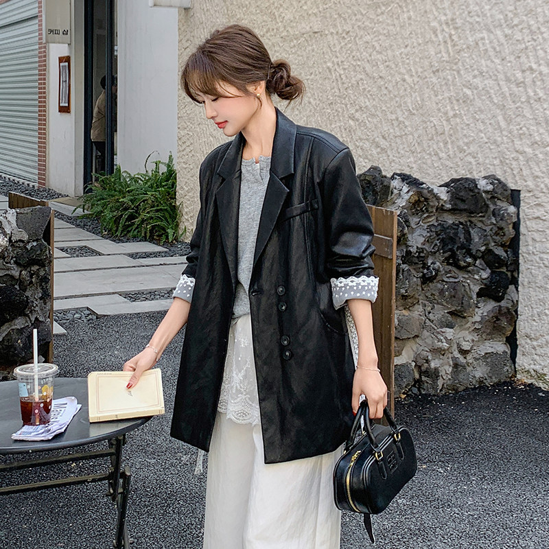 黑色蕾丝飘带设计感皮衣外套2025春季新款小众通勤风百搭休闲上衣，商品下架区商品下架区，浙宝133