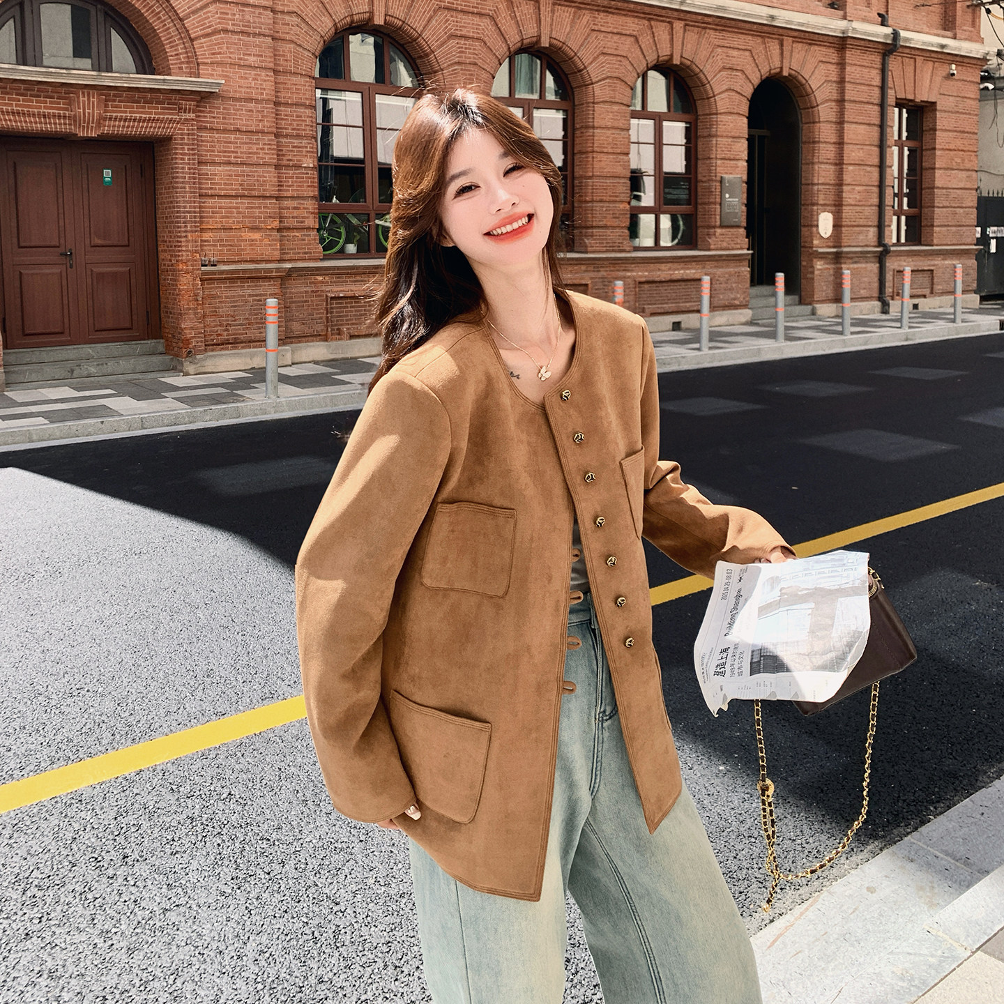 大货已出春季新款麂皮外套7013P155控248，女装短外套，浙宝133