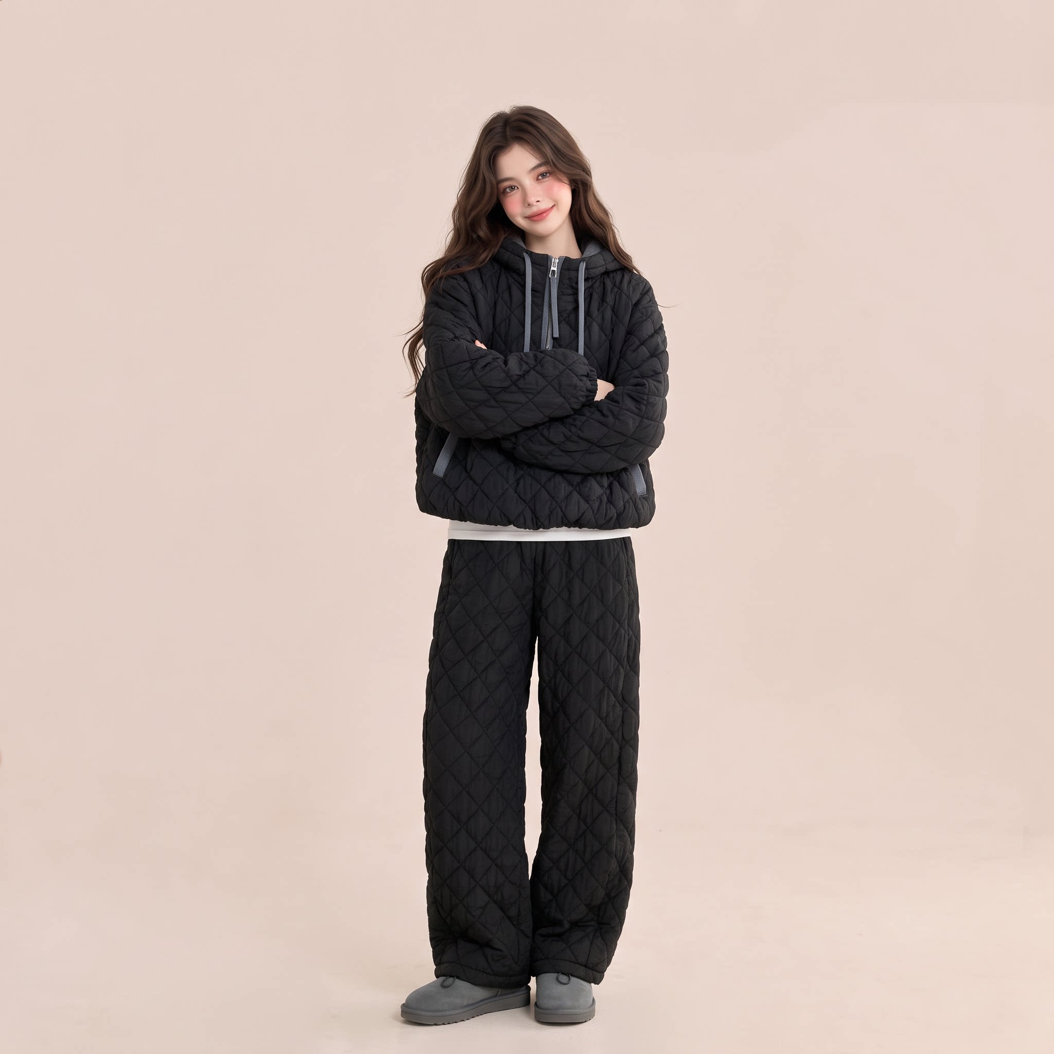 冬季连帽菱格绗线女棉服两件套