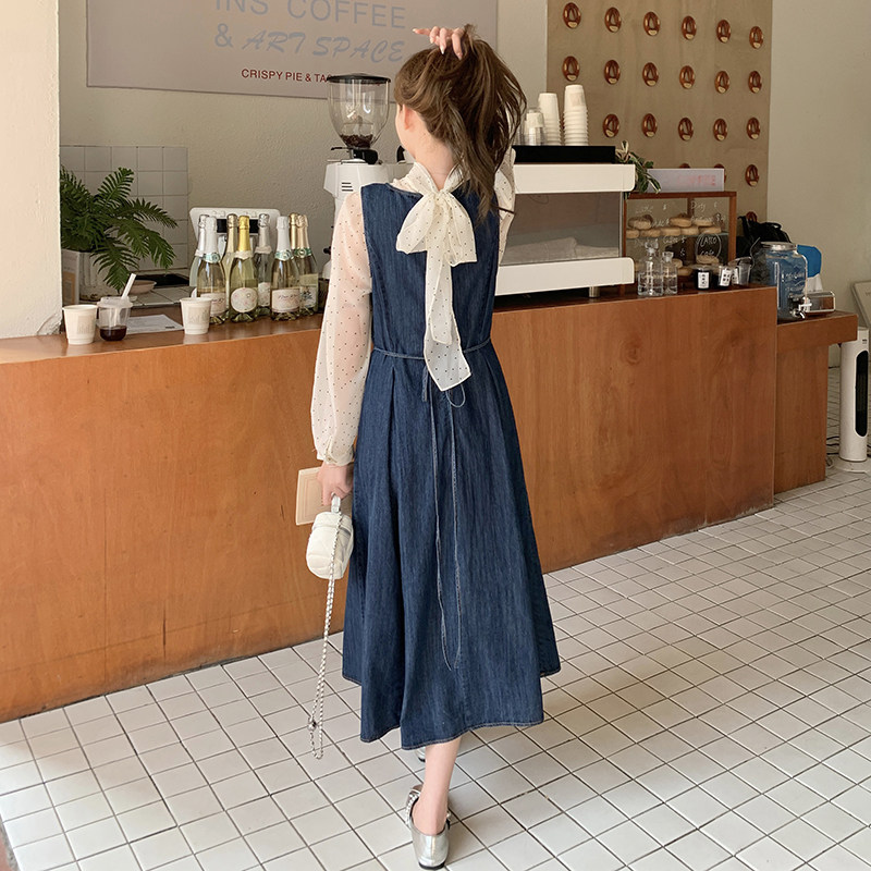 牛仔背心连衣裙套装女2025春季新款法式高级感波点衬衫长裙两件套，商品下架区商品下架区，浙宝133