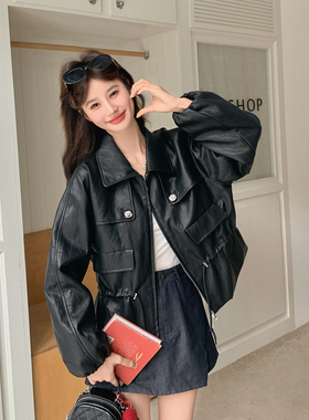 现货  春季新款收腰PU皮衣外套7270P155控238