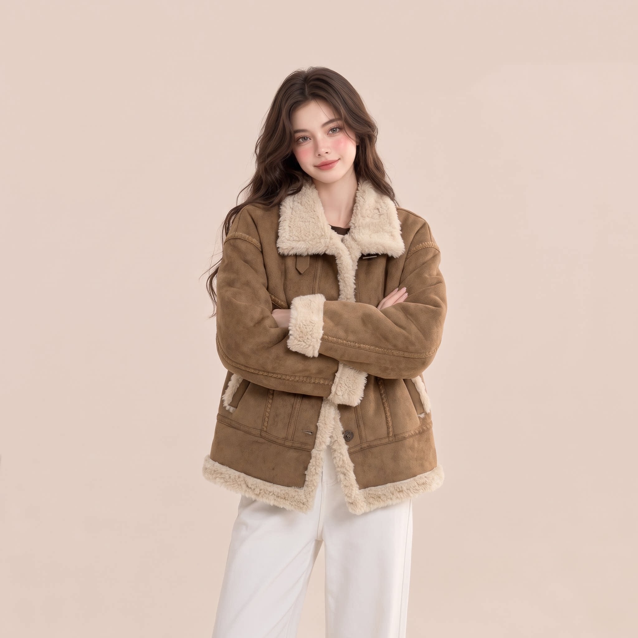 美拉德皮毛一体机车棉服女冬