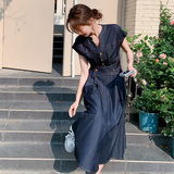 港风复古深蓝色连衣裙女2025夏季新款气质高级感收腰显瘦v领长裙，商品下架区，浙宝133